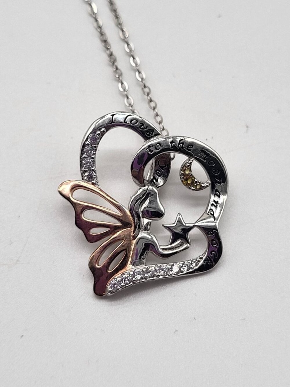 I love you to the moon and back angel moon star necklace 925 Sterling Silver - Picture 1 of 9